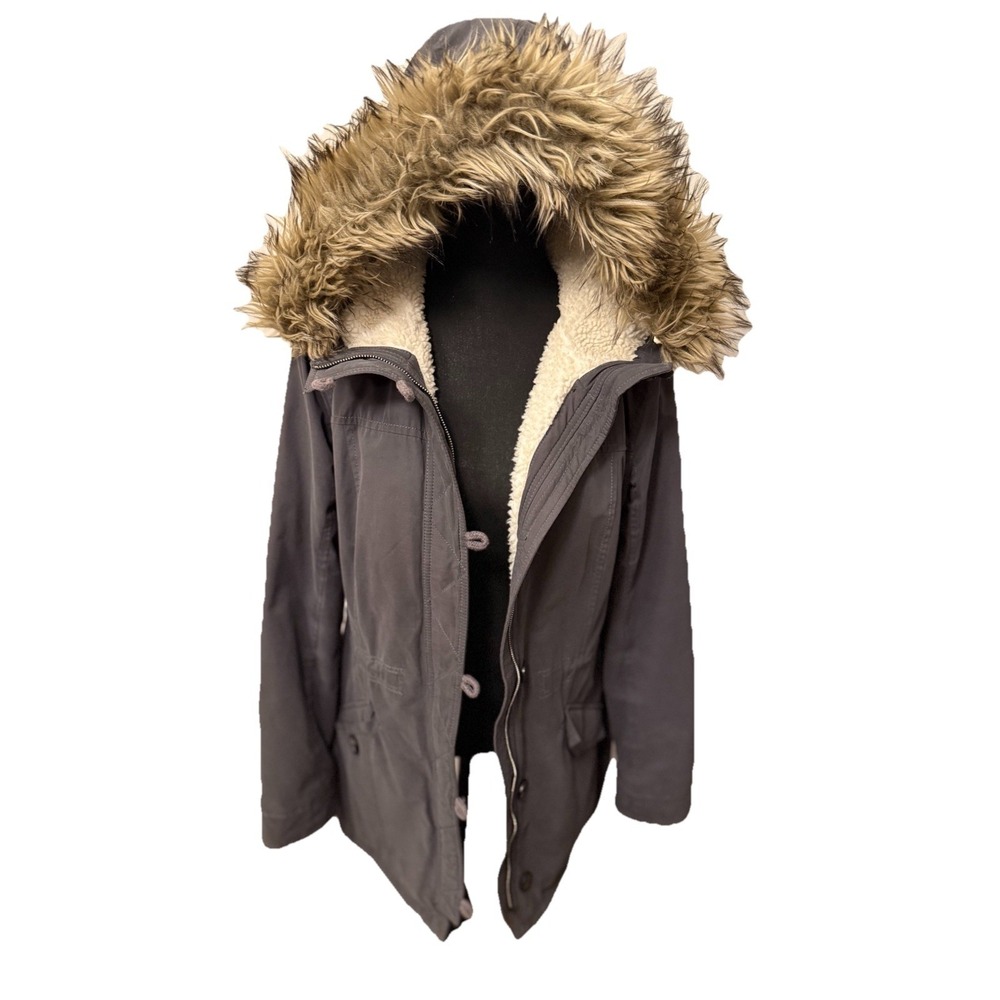 Hollister Womens Gray Removable Fur Hooded Parka Utility Jacket Sz L Bella Swan
